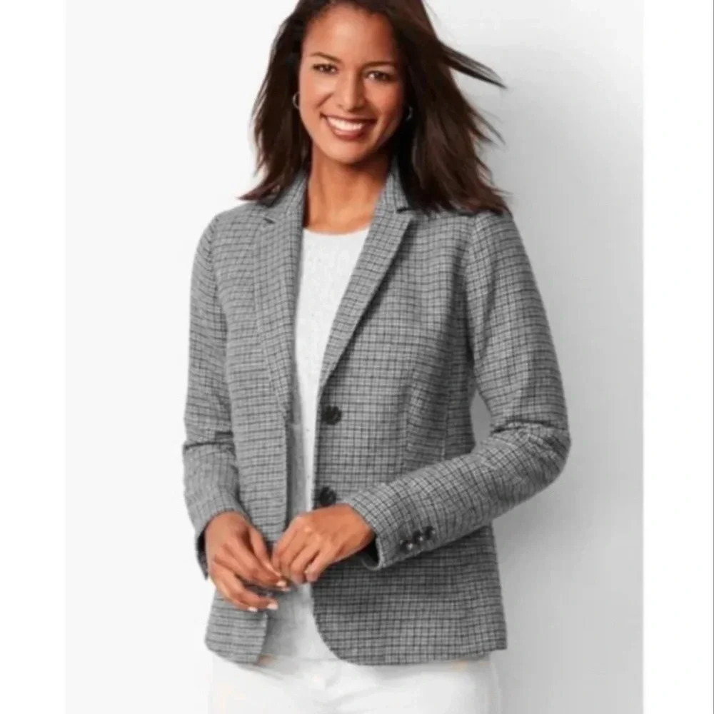 Talbots Blazer Houndstooth Jacket Wool Blend Size 2 Pink Stitch Flip Collar